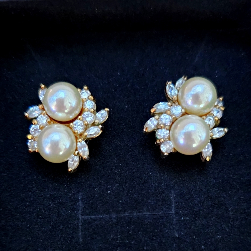 Elegant Faux Pearl, Rhinestone Earrings, and Gold Earrings For Pierced Ears.